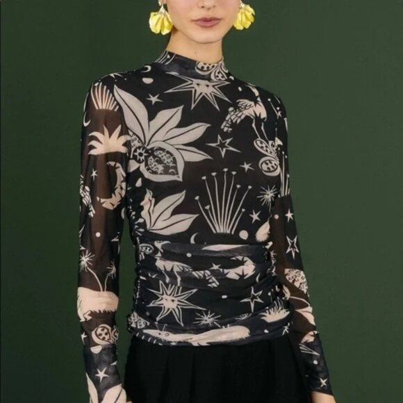 FARM Rio Tops - Farm Rio Cerrado Sky Mesh Top Size M Black Beige Print Ruched Mock Neck Sleeves